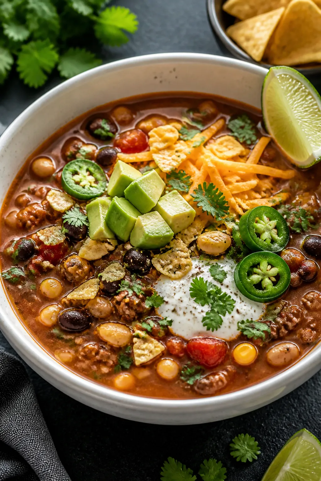 Final plated bowl: Restaurant-quality presentation of High Protein Slow Cooker Taco Soup in a wide w