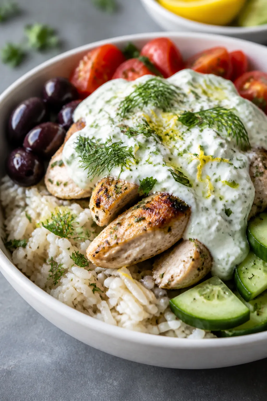Final plated, close-up detail: Restaurant-quality plated Greek Chicken and Rice Bowl, three-quarter