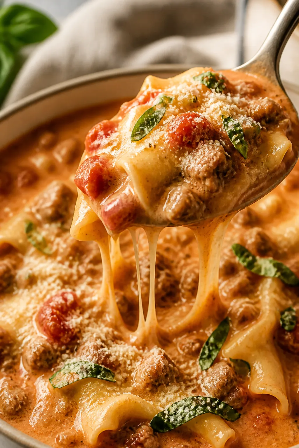 Final plated close-up detail: Tight, spoon-lift shot above the bowl showcasing thick, cheesy strands