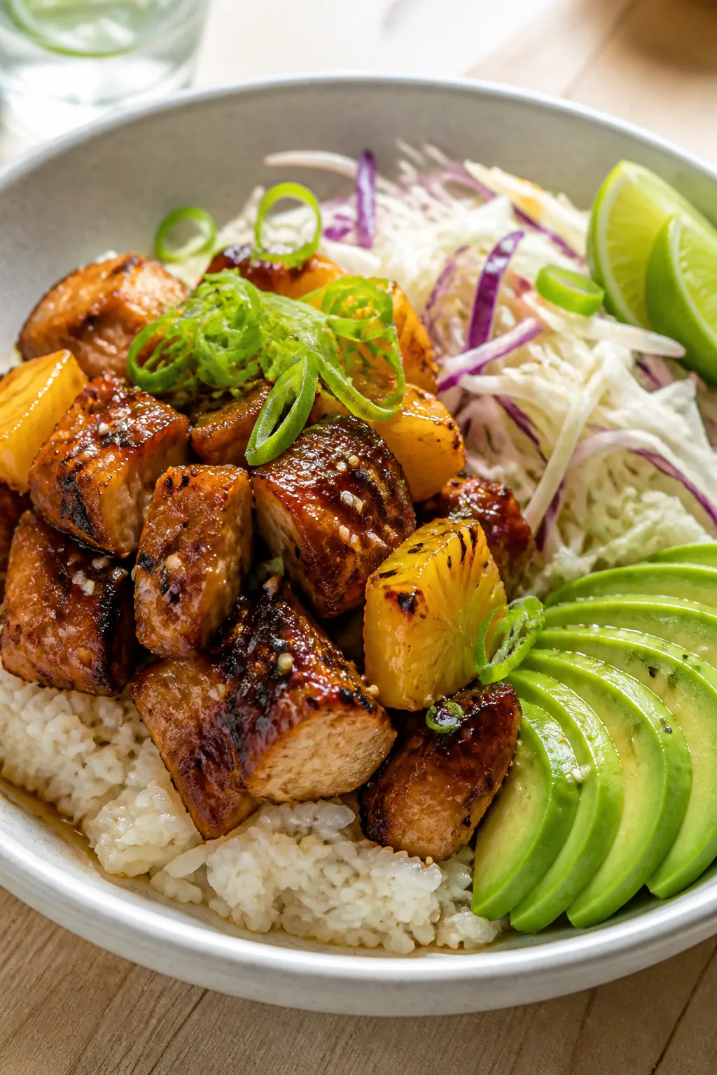 Final plated, close-up hero: Three-quarter angle close-up of the finished Hawaiian chicken bowl emph