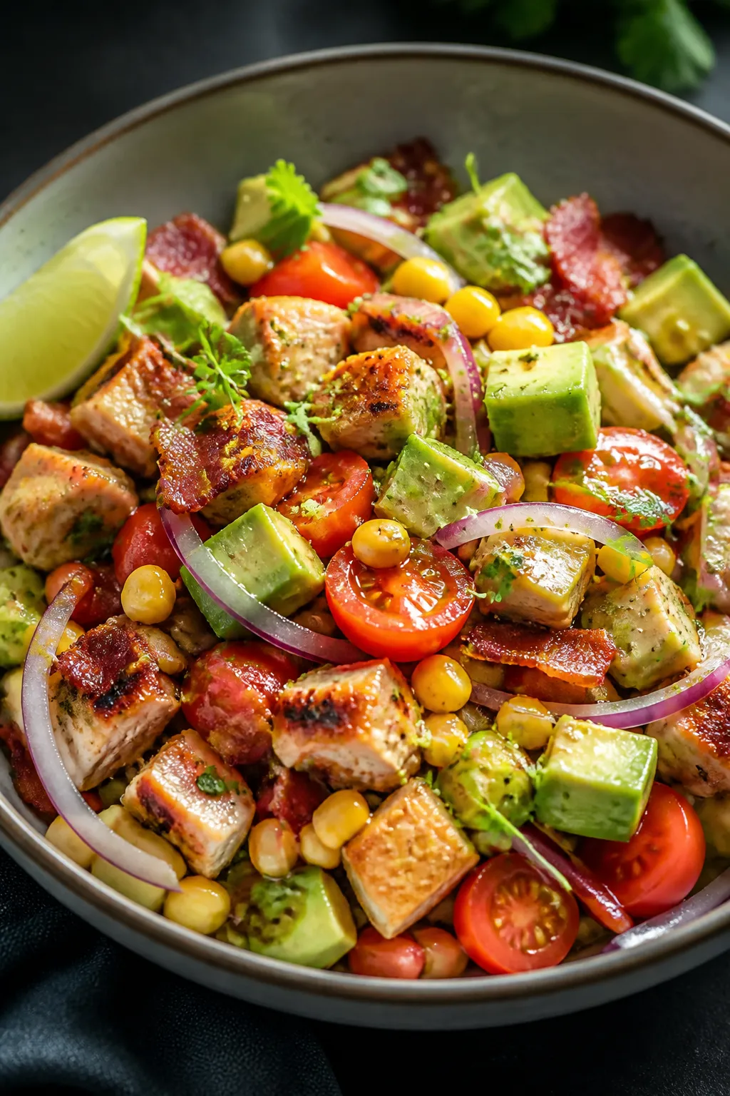 Final plated detail: Restaurant-quality presentation of a Chicken Bacon Avocado Bowl on a wide, shal