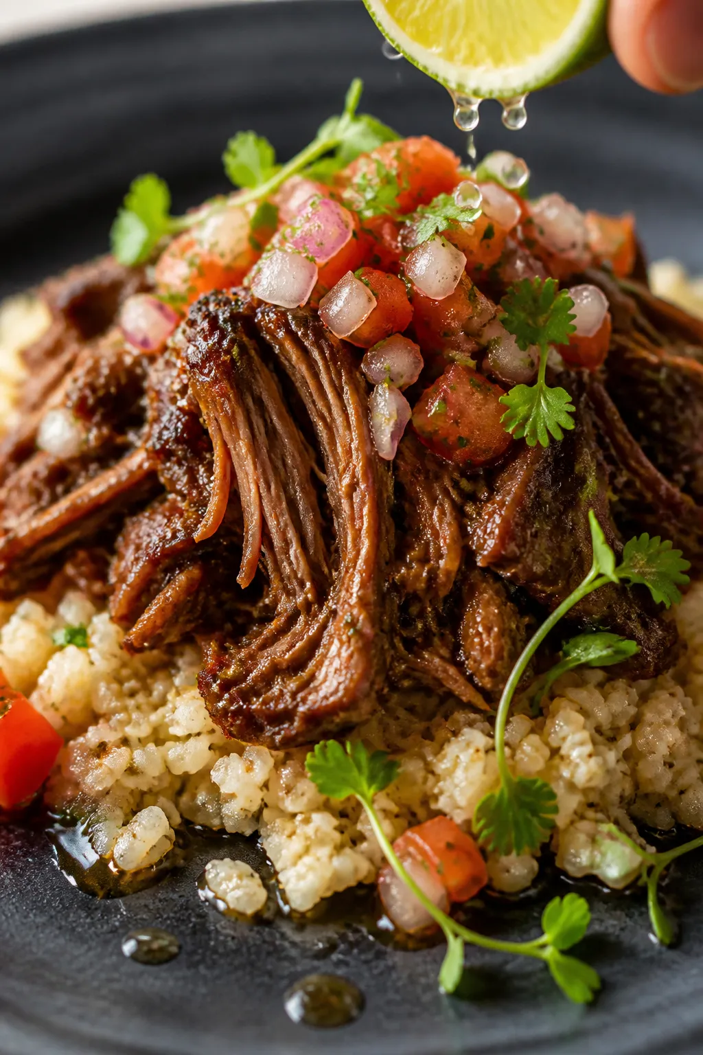 Final plated detail: Tight, mouthwatering close-up of shredded barbacoa piled over warm cauliflower