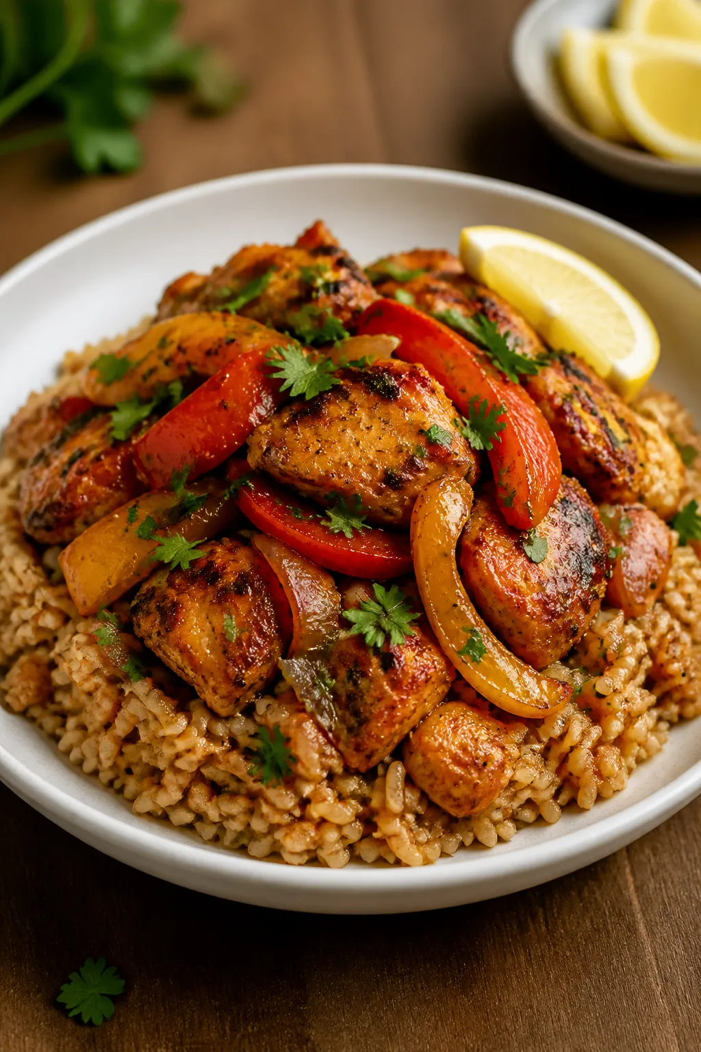 Final plated dish: Beautifully plated Cajun chicken skillet bowl over fluffy brown rice, topped with