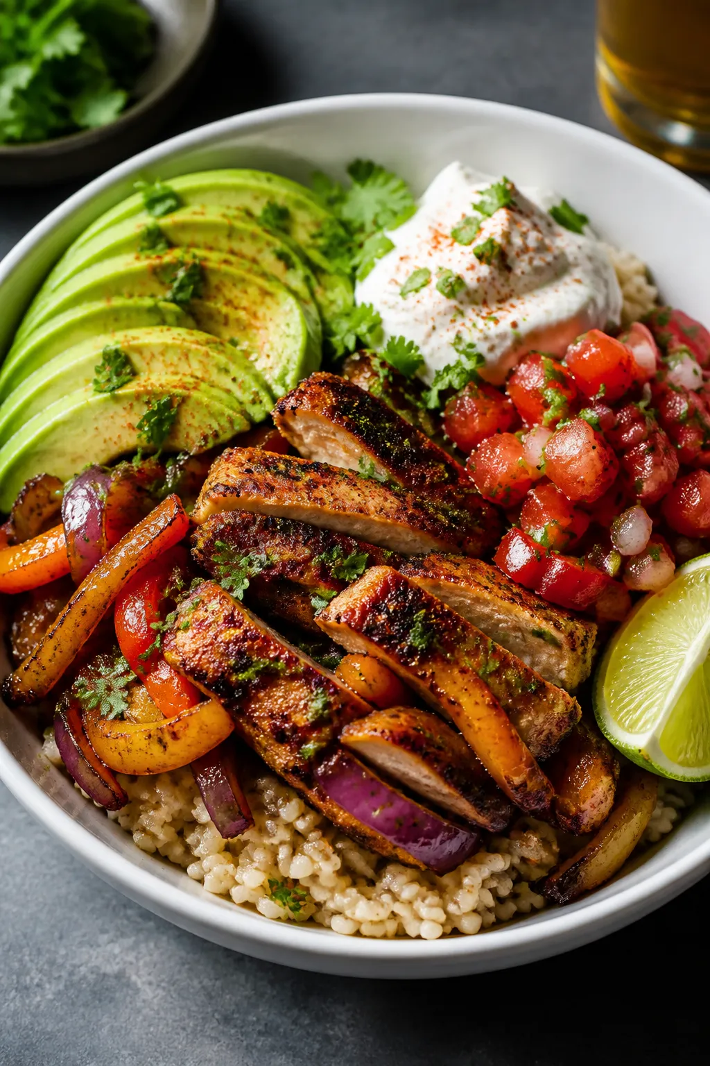 Final plated dish: Beautifully plated Chicken Fajita Bowl on a matte white shallow bowl—fluffy bro