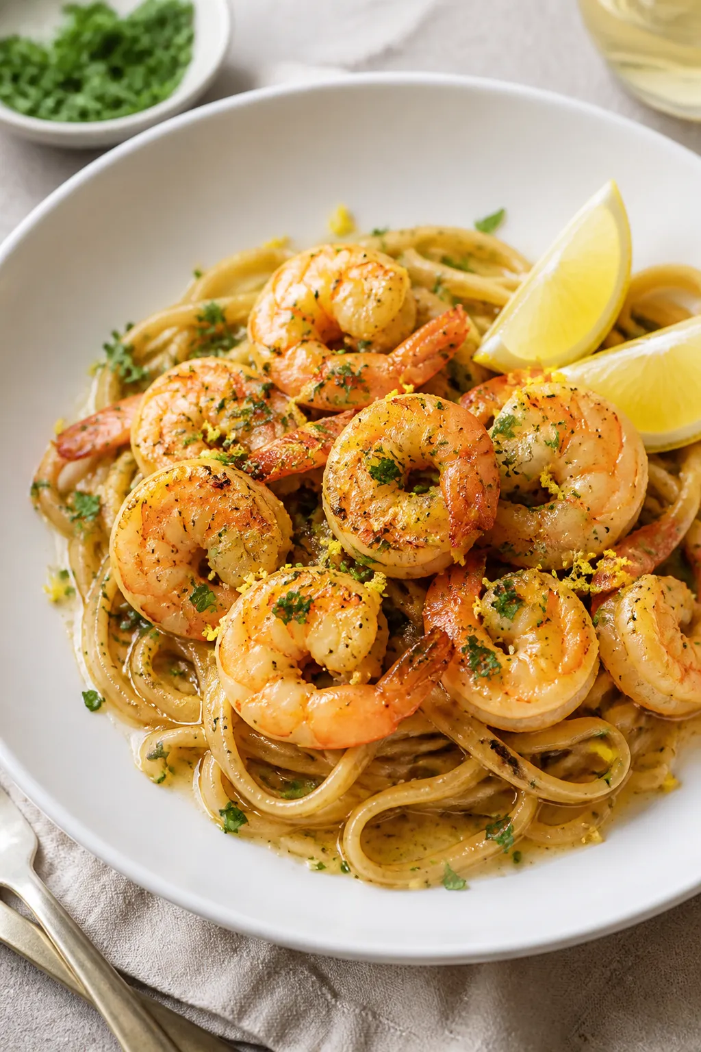 Final plated dish: Beautifully plated Healthy Garlic Butter Shrimp on a wide shallow white bowl over