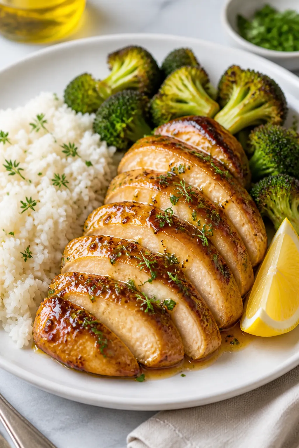 Final plated dish: Beautifully plated High Protein Honey Mustard Chicken sliced on a white ceramic p