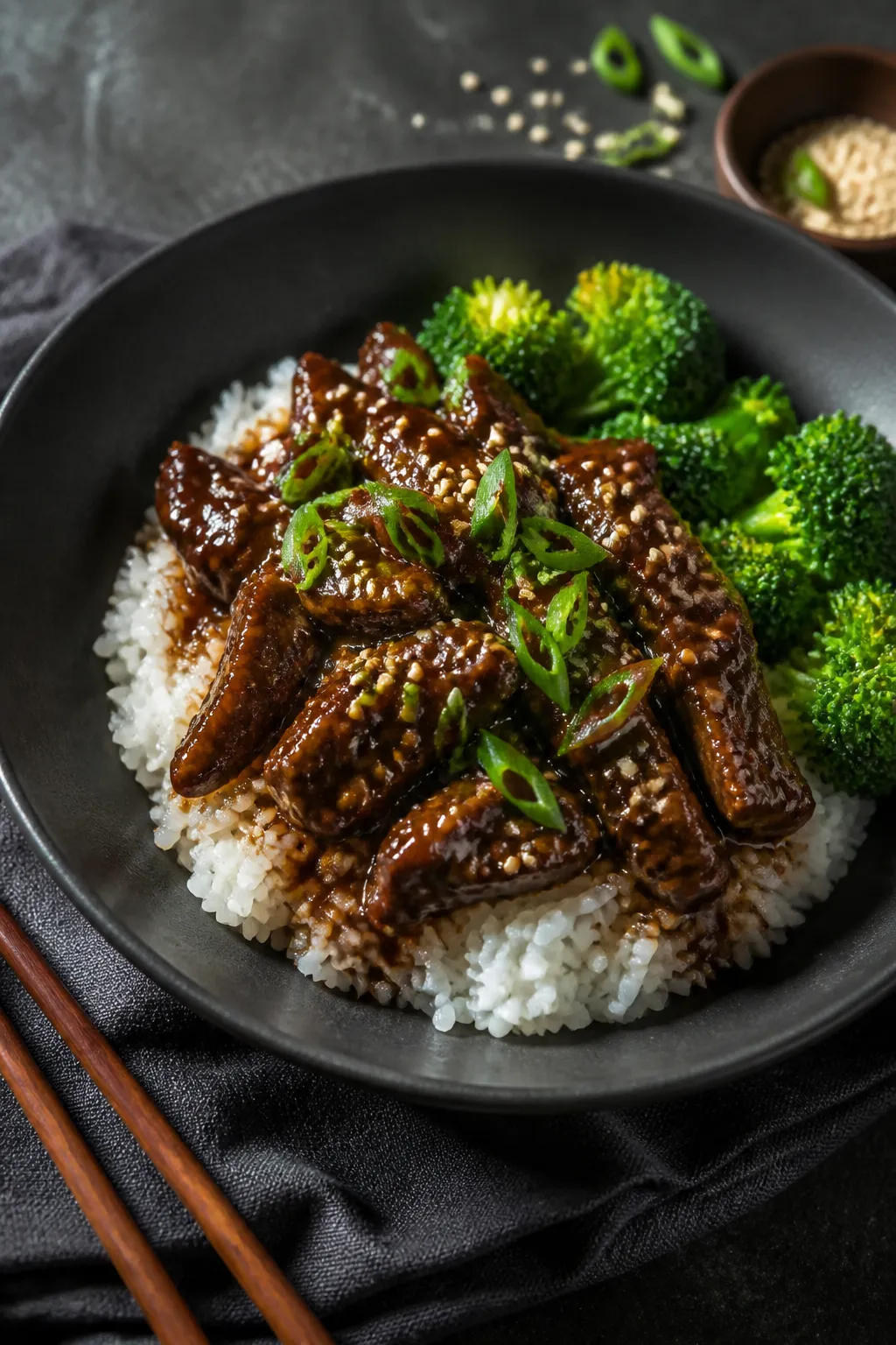 Final plated dish beauty: Beautifully plated Slow Cooker Korean Beef over fluffy jasmine rice in a w