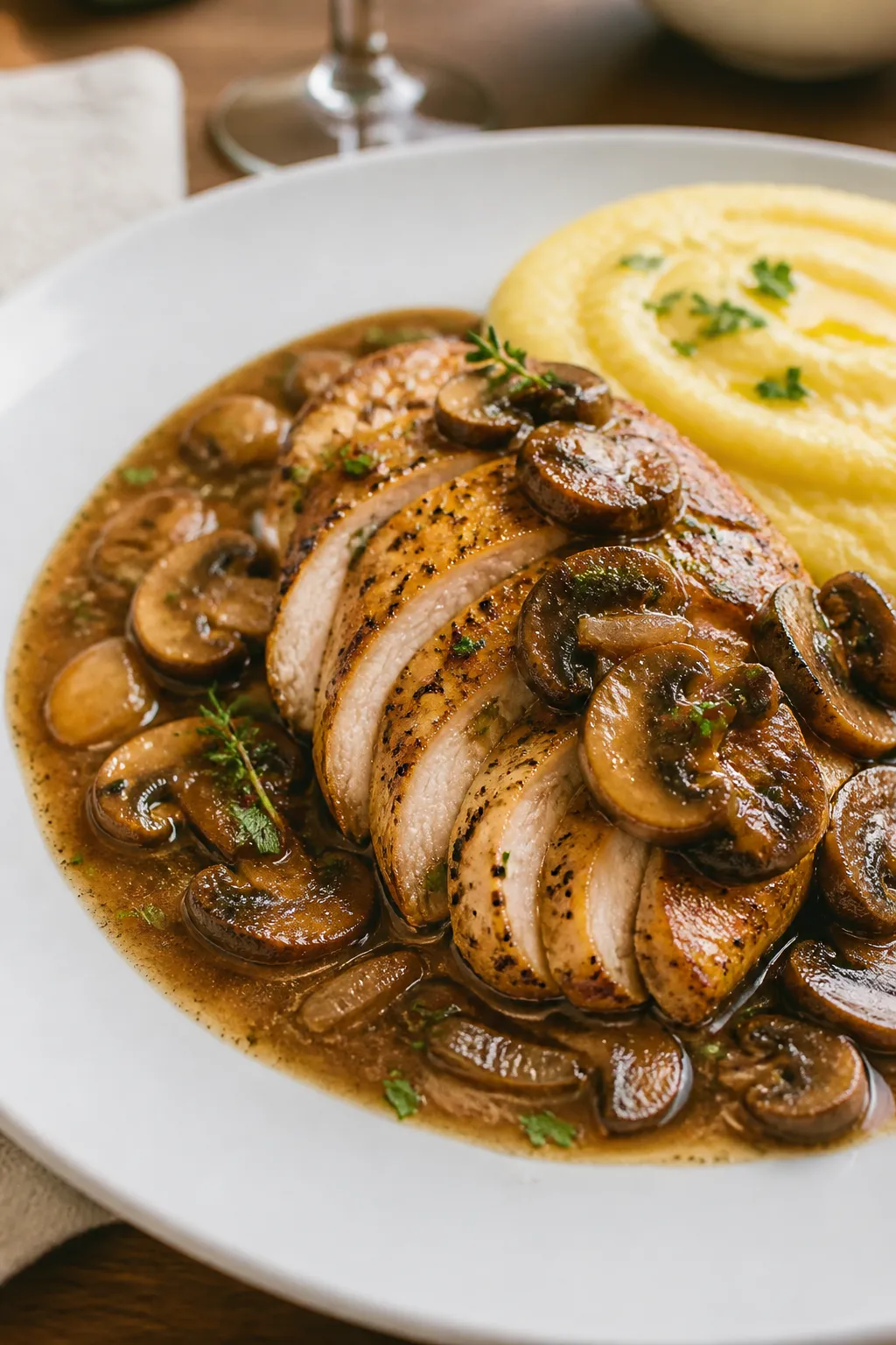 Final plated dish beauty: High Protein Chicken Marsala elegantly plated on a wide white rimmed plate