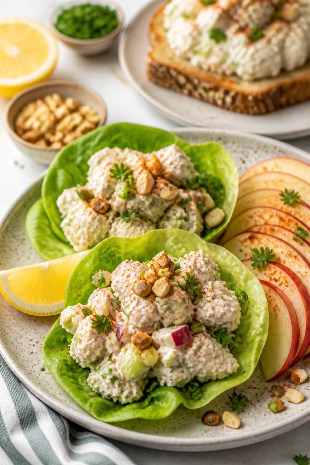 Final plated dish beauty shot: Meal-prep friendly presentation—two butter lettuce cups overflowing