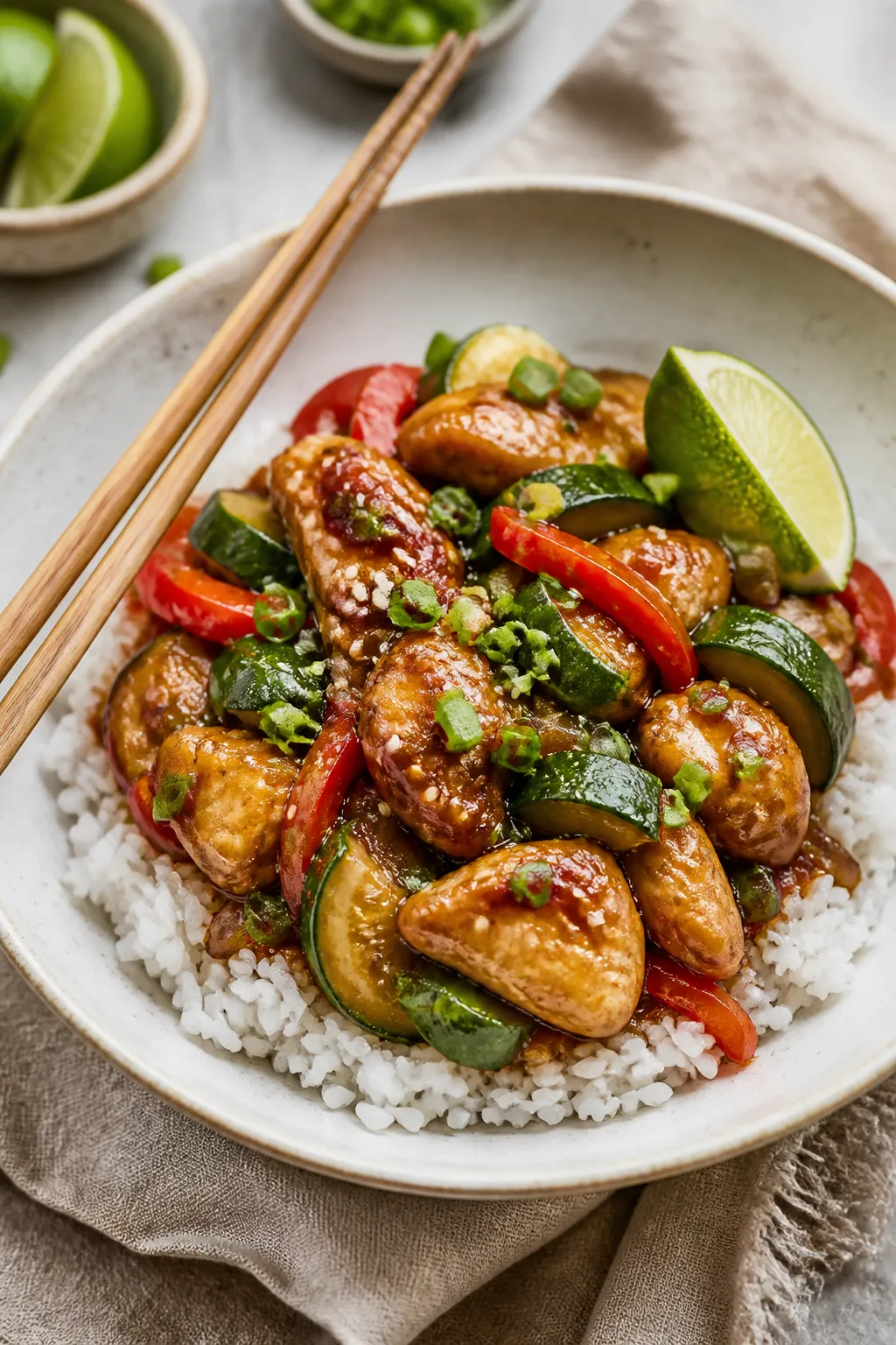 Final plated dish: Chicken Zucchini Stir Fry elegantly served over fluffy jasmine rice in a wide, sh