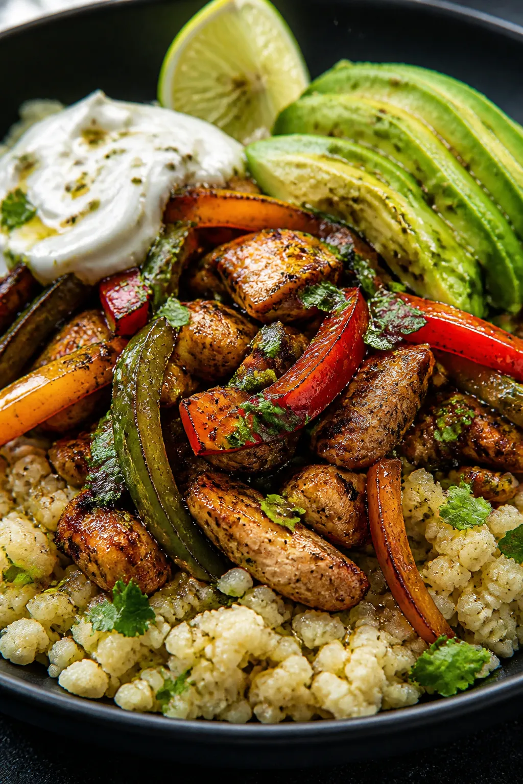 Final plated dish, close-up detail: Restaurant-quality chicken fajita bowl served low-carb over caul