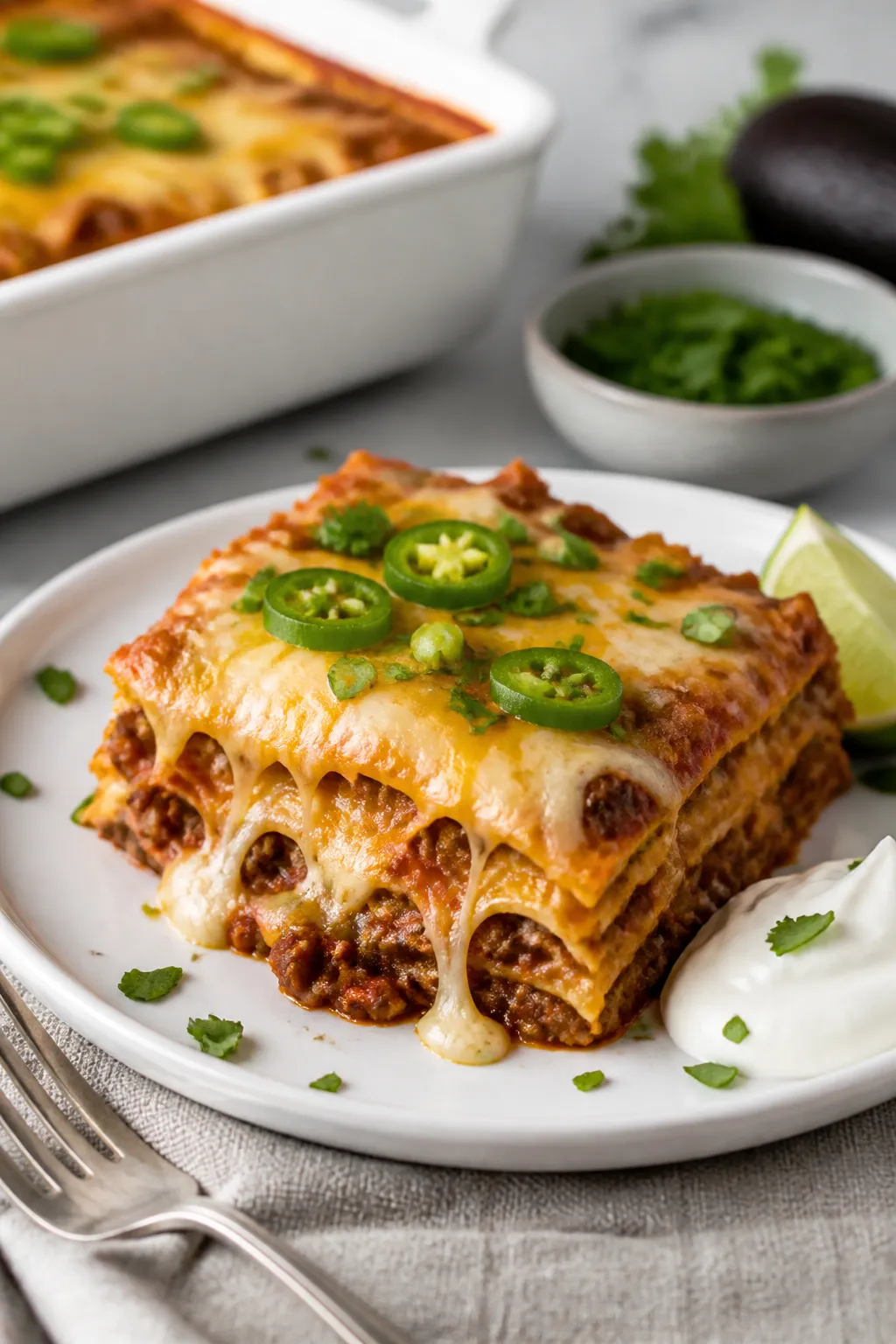 Final plated dish glamor shot: A square of Slow Cooker Beef Enchilada Casserole lifted cleanly onto 
