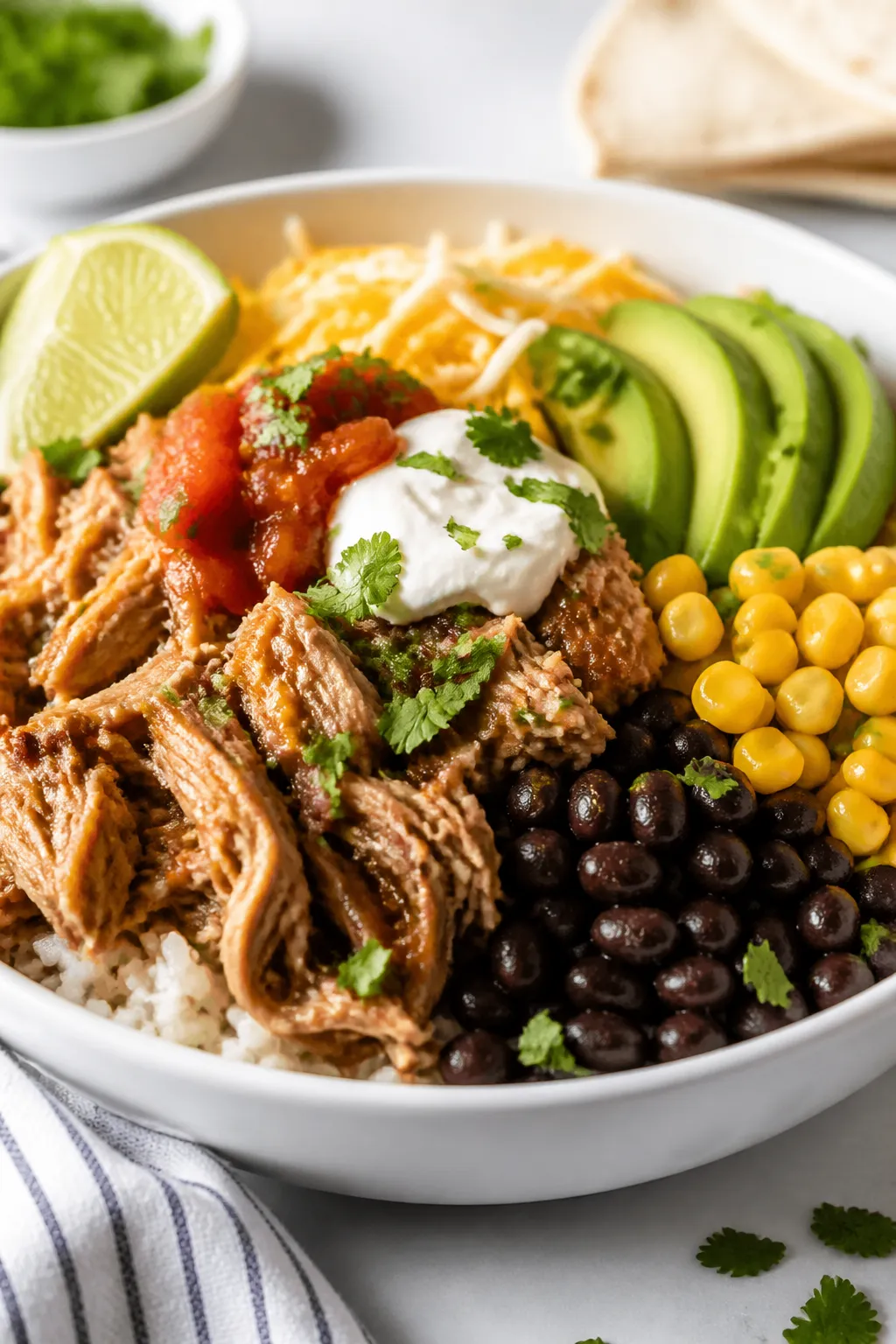 Final plated dish, hero shot: Beautifully composed Crockpot Pork Burrito Bowl in a wide white cerami