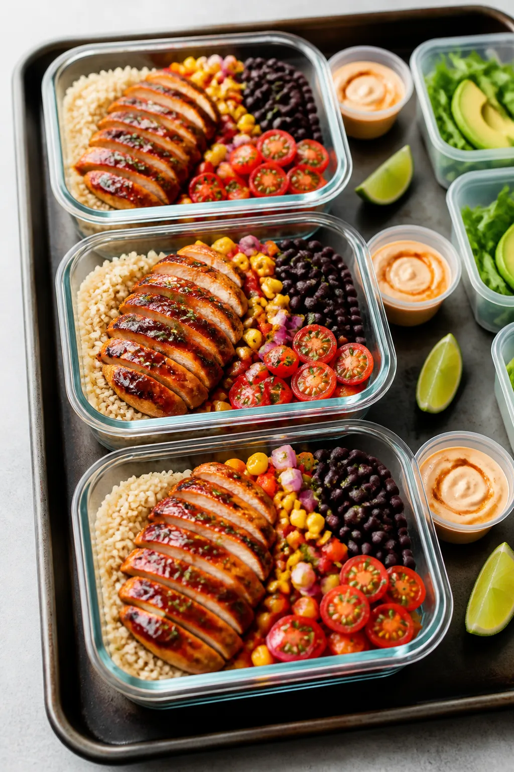 Final plated dish – meal-prep lineup: Beautifully plated finished BBQ Chicken Protein Bowls arrang