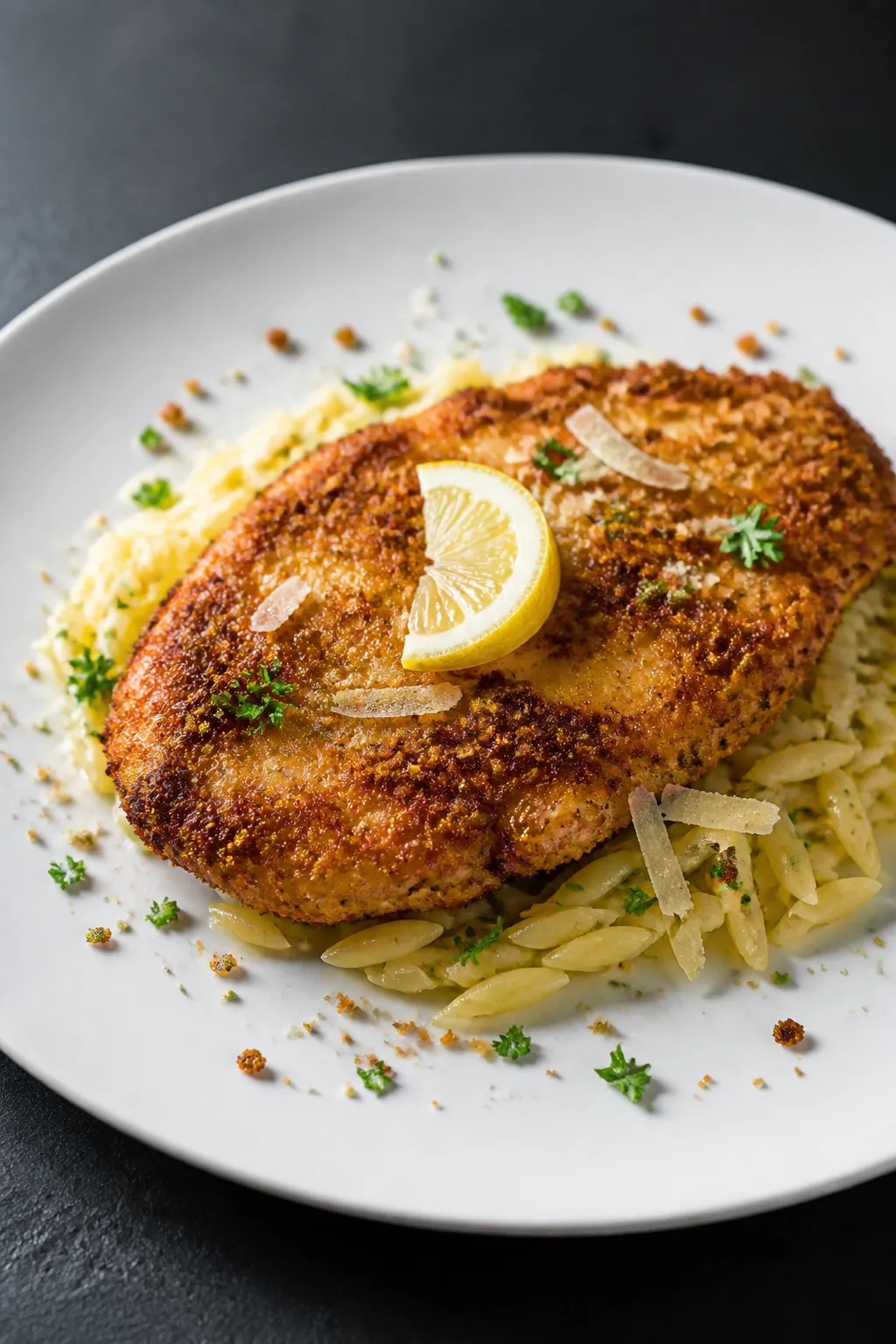 Final plated dish presentation: Restaurant-quality plate of whole Parmesan-crusted chicken cutlet wi