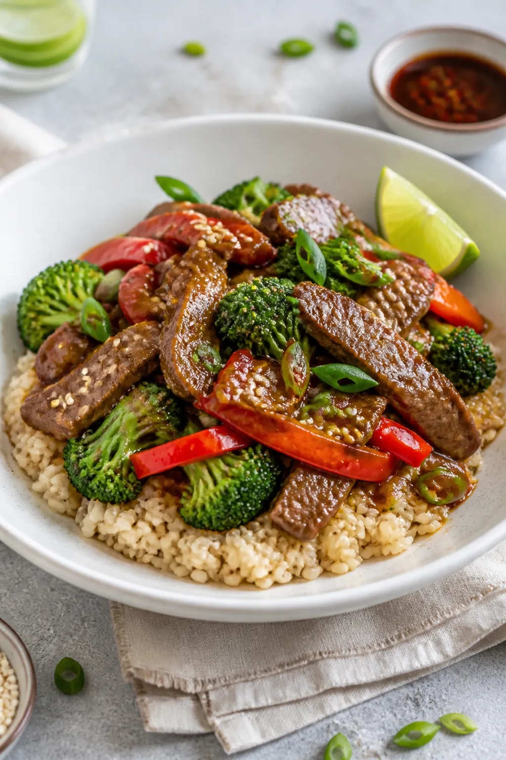 Final plated dish – restaurant presentation: Beautifully plated Healthy Beef and Broccoli Stir Fry