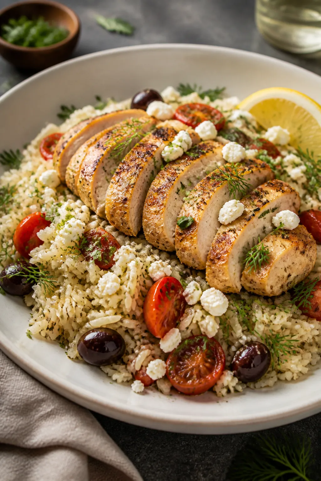 Final plated dish, restaurant-quality: Beautifully plated High Protein Greek Chicken and Rice in a s