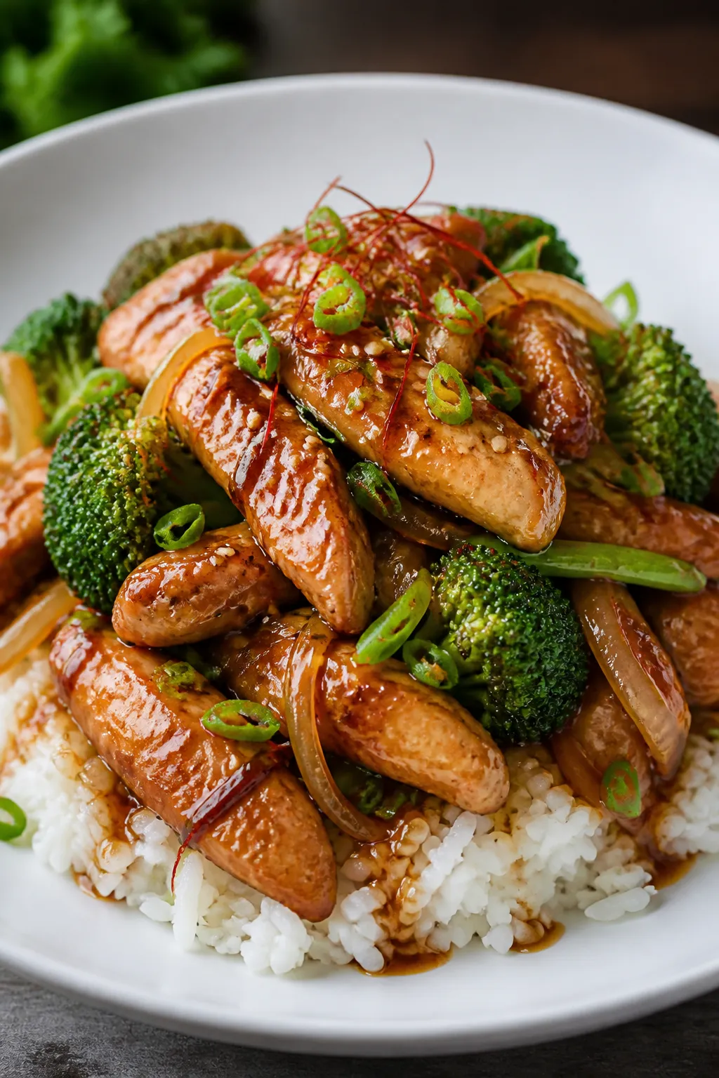 Final plated dish, restaurant-quality: Beautifully plated One Pan Chicken and Broccoli over a bed of