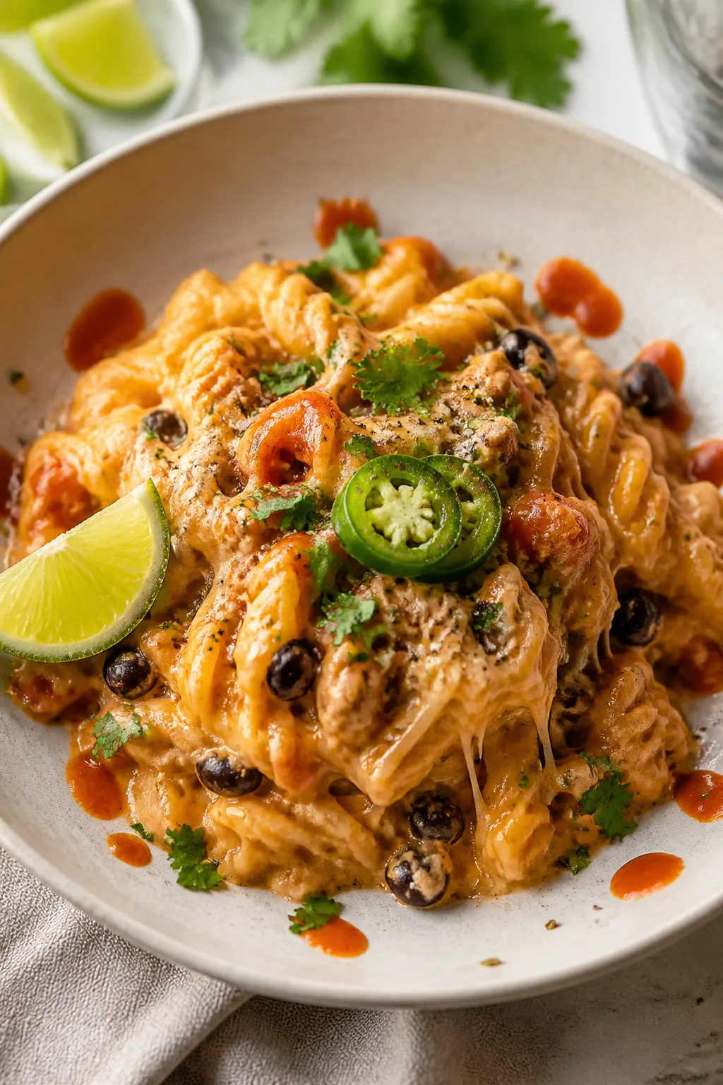 Final plated dish, restaurant-quality: Beautifully plated bowl of creamy Ground Turkey Taco Pasta tw