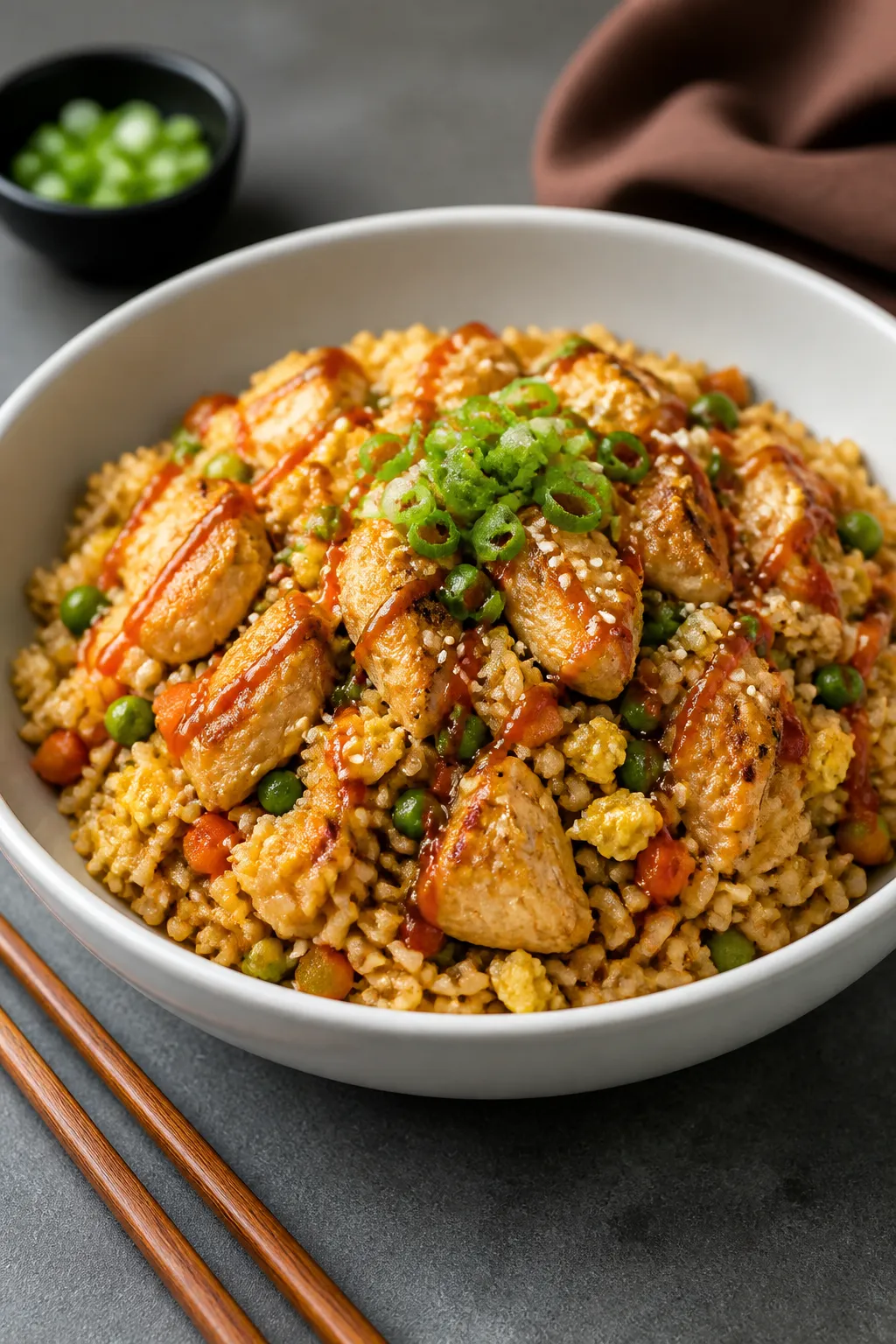 Final plated dish: Restaurant-quality bowl of chicken fried rice artfully mounded in a matte white s