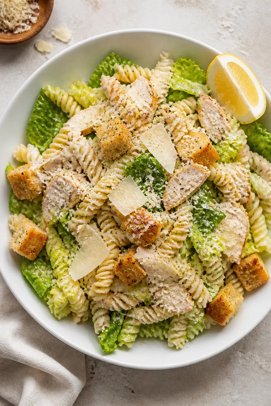 Final plated dish: Restaurant-quality Chicken Caesar Pasta Salad served in a wide, shallow white bow