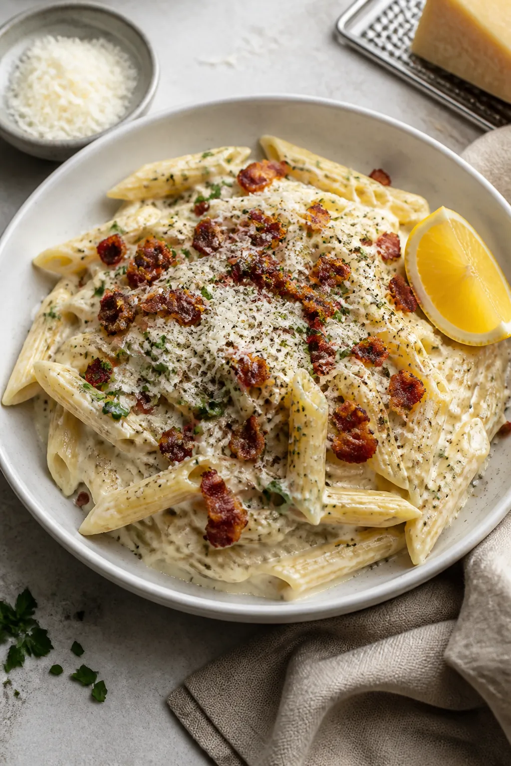 Final plated dish — Restaurant-quality finish: Beautifully plated Chicken Bacon Ranch Pasta in a s