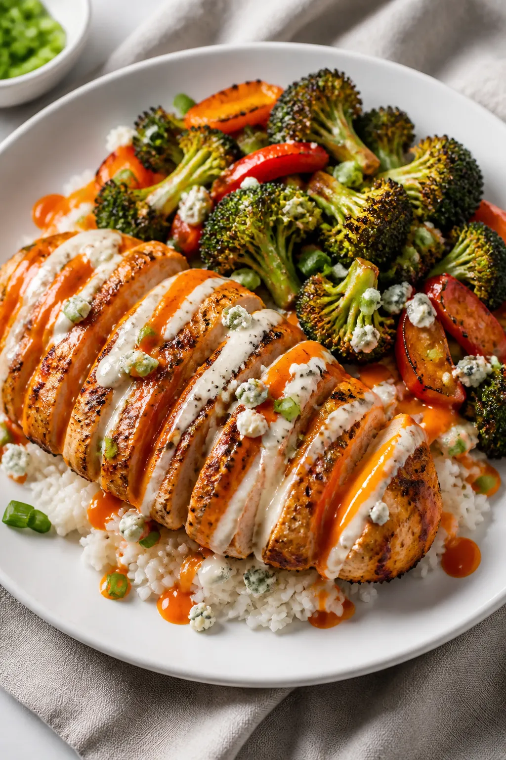Final plated dish: Restaurant-quality plate of Buffalo Ranch Chicken Meal Prep served warm—sliced