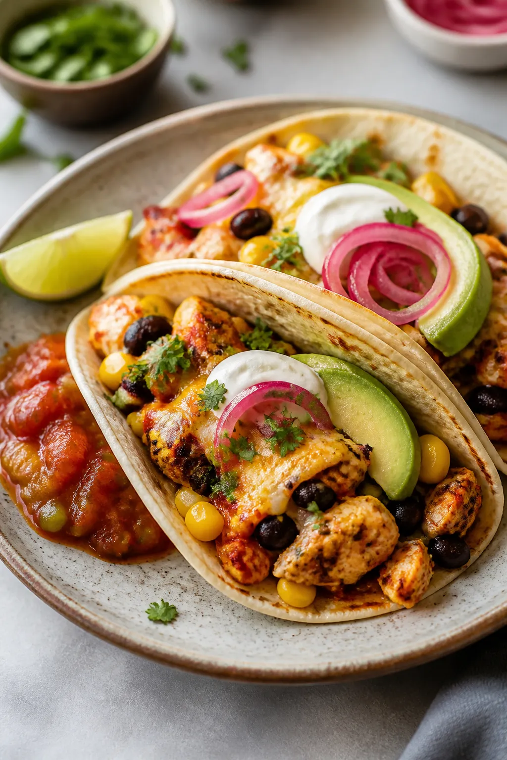 Final plated dish: Restaurant-quality plating of chicken taco skillet tucked into warm tortillas on 