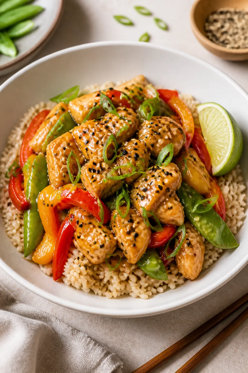 Final plated dish, restaurant-quality presentation: Healthy Sesame Chicken spooned over fluffy brown