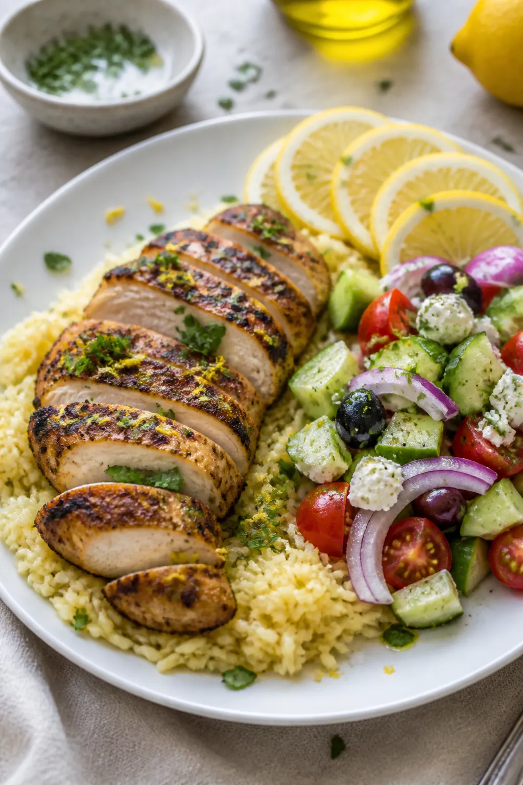 Final plated dish: Restaurant-quality presentation of pan-seared Greek chicken thighs sliced to show