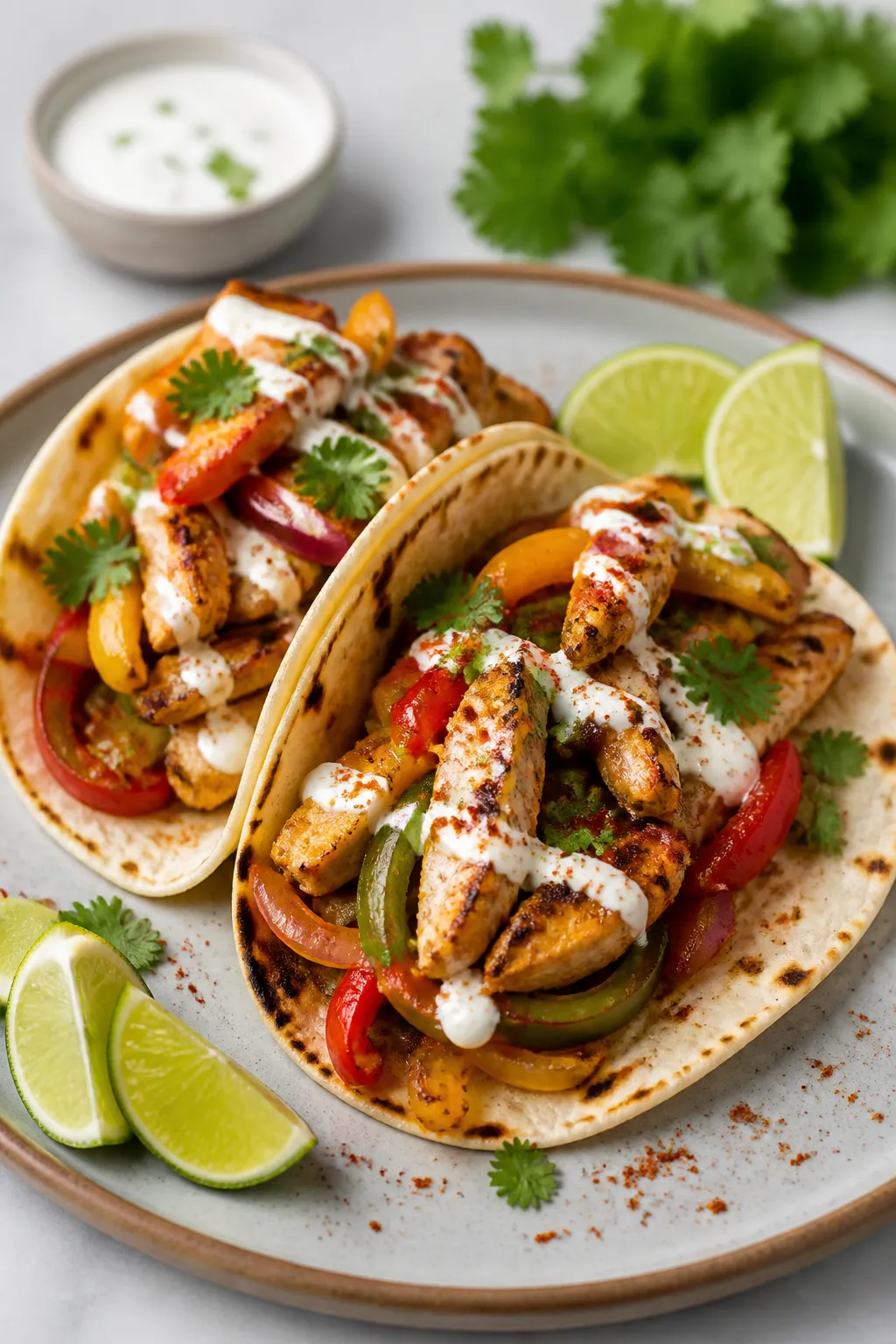 Final plated dish: Restaurant-quality presentation of assembled Healthy High Protein Chicken Fajitas