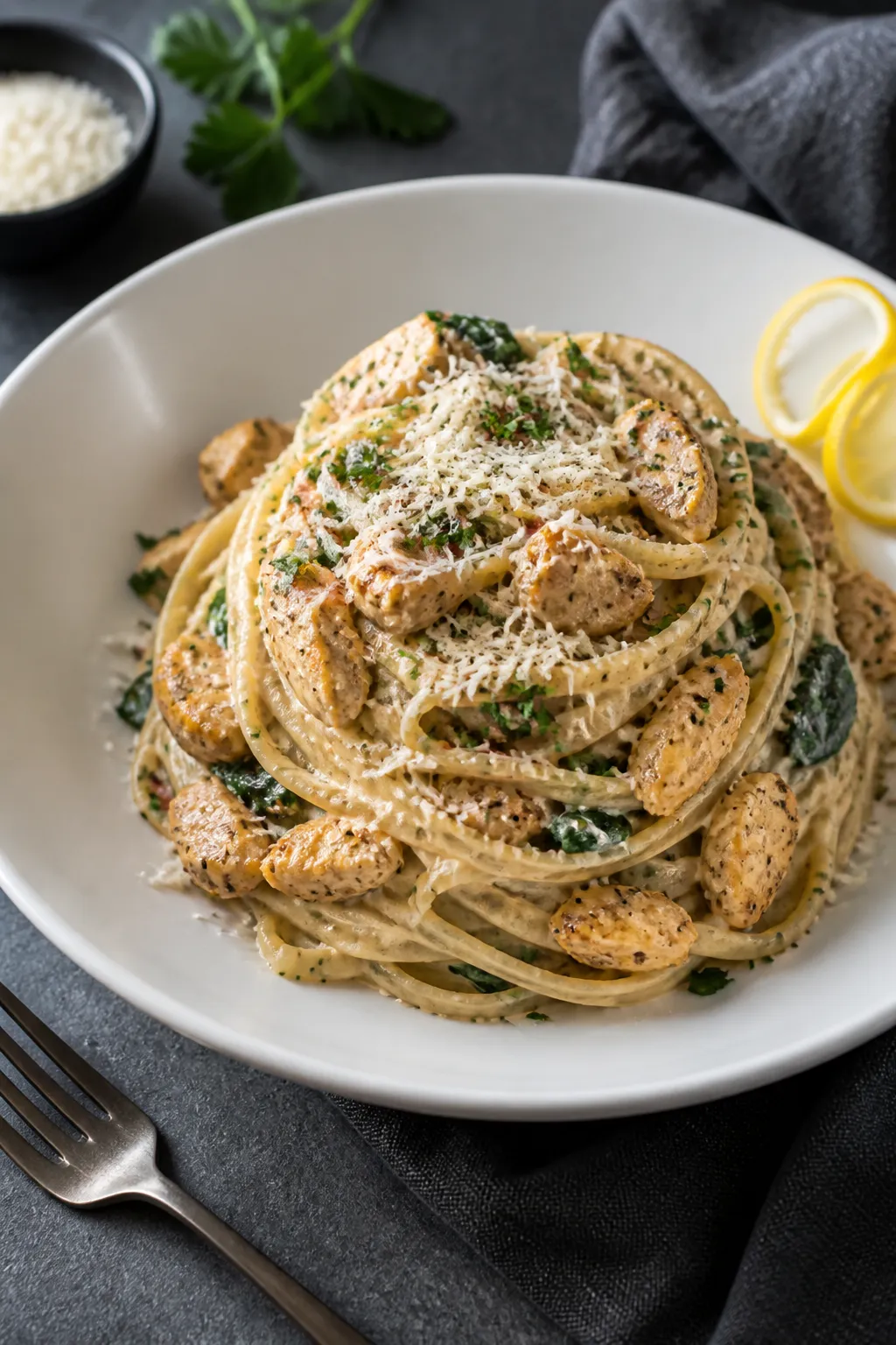 Final plated dish: Restaurant-quality presentation of High Protein Chicken Alfredo Pasta twirled int