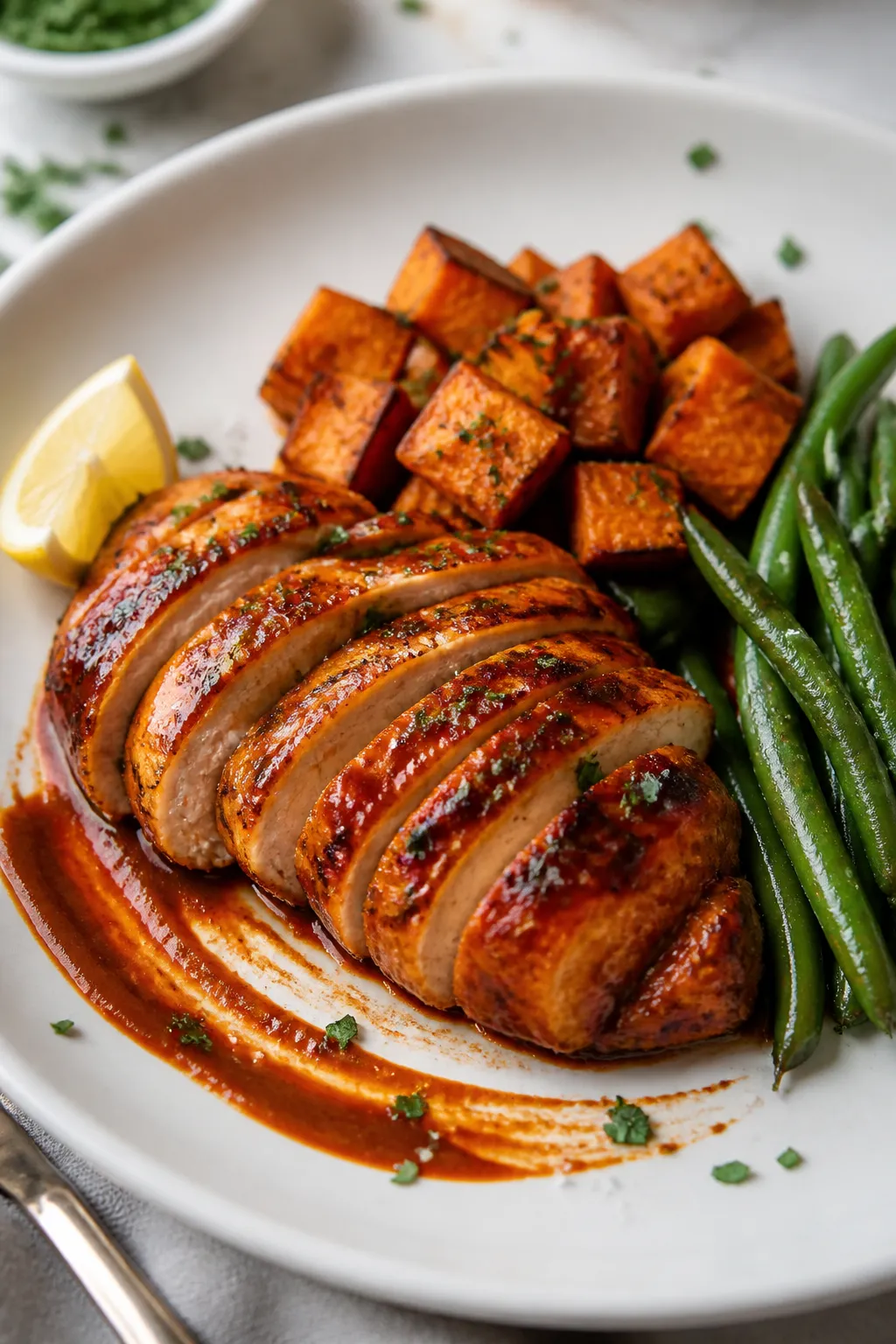 Final plated dish: Restaurant-quality presentation of High Protein BBQ Chicken Meal Prep on a matte 