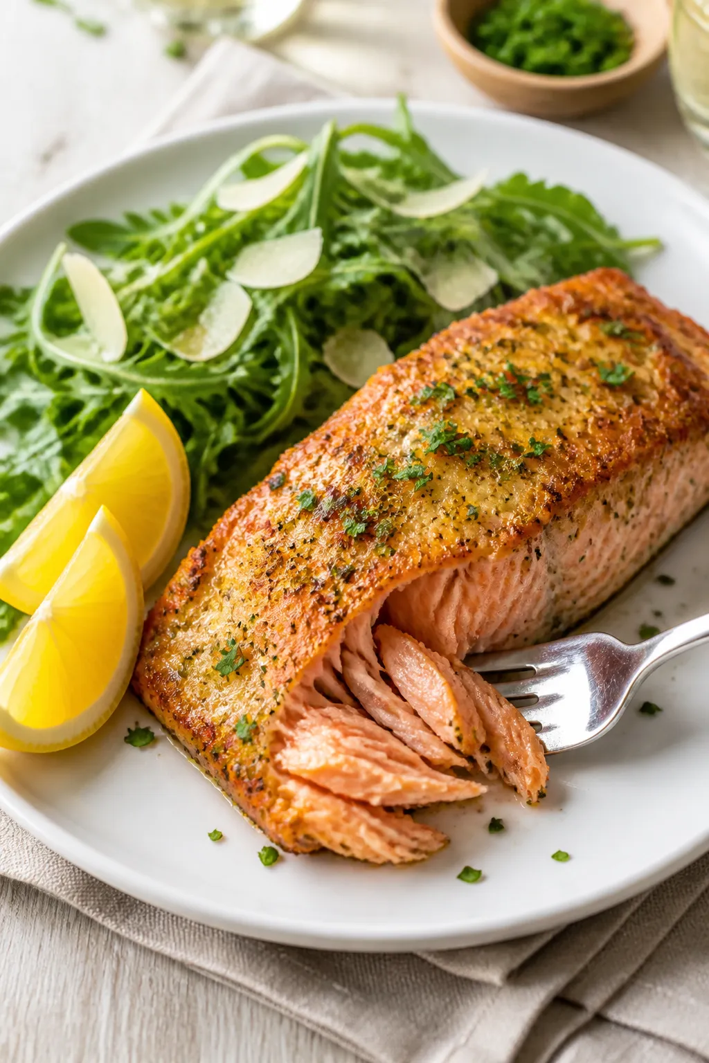 Final plated dish: Restaurant-quality presentation of Healthy Garlic Parmesan Salmon portioned and p
