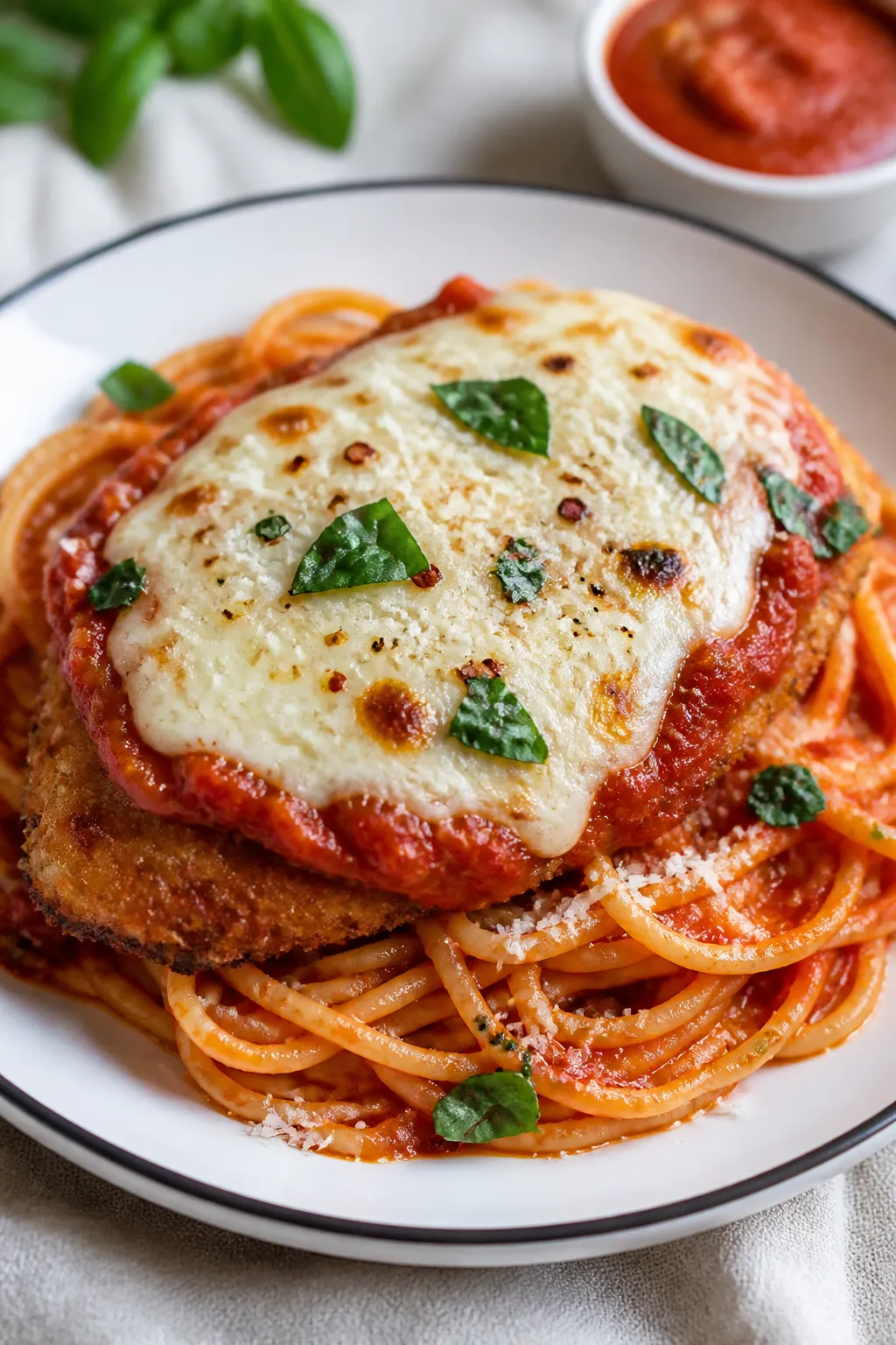 Final plated dish: Restaurant-quality presentation of Air Fryer Chicken Parmesan on a white rimmed p