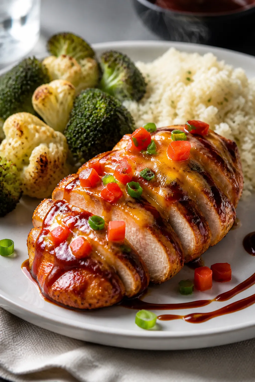 Final plated dish: Restaurant-quality presentation of High Protein Monterey Chicken on a matte white