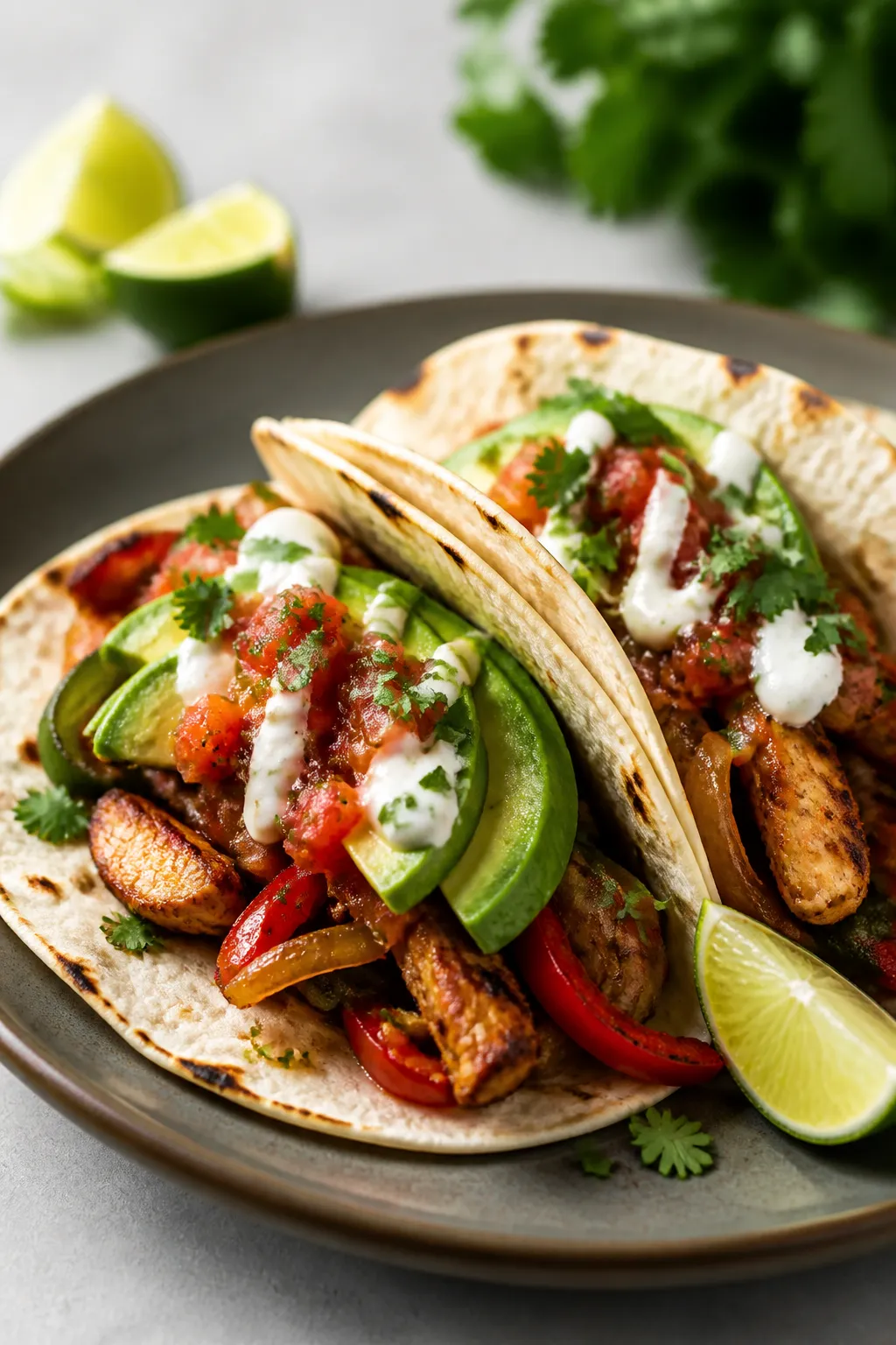 Final plated dish, restaurant-quality presentation: Beautifully plated chicken fajitas assembled in 