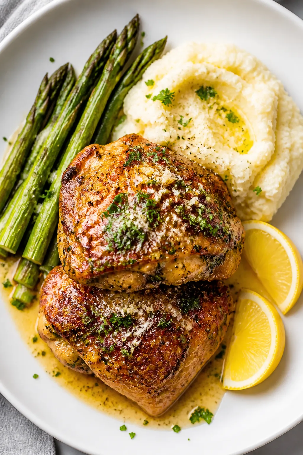 Final plated dish: Restaurant-quality presentation of High Protein Garlic Butter Chicken Thighs on a