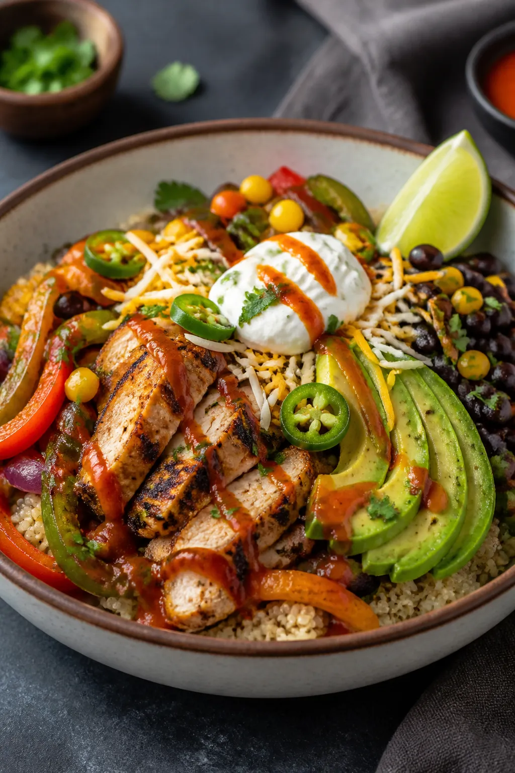 Final plated dish, restaurant-quality presentation: Beautifully composed Chicken Fajita Bowl in a wi
