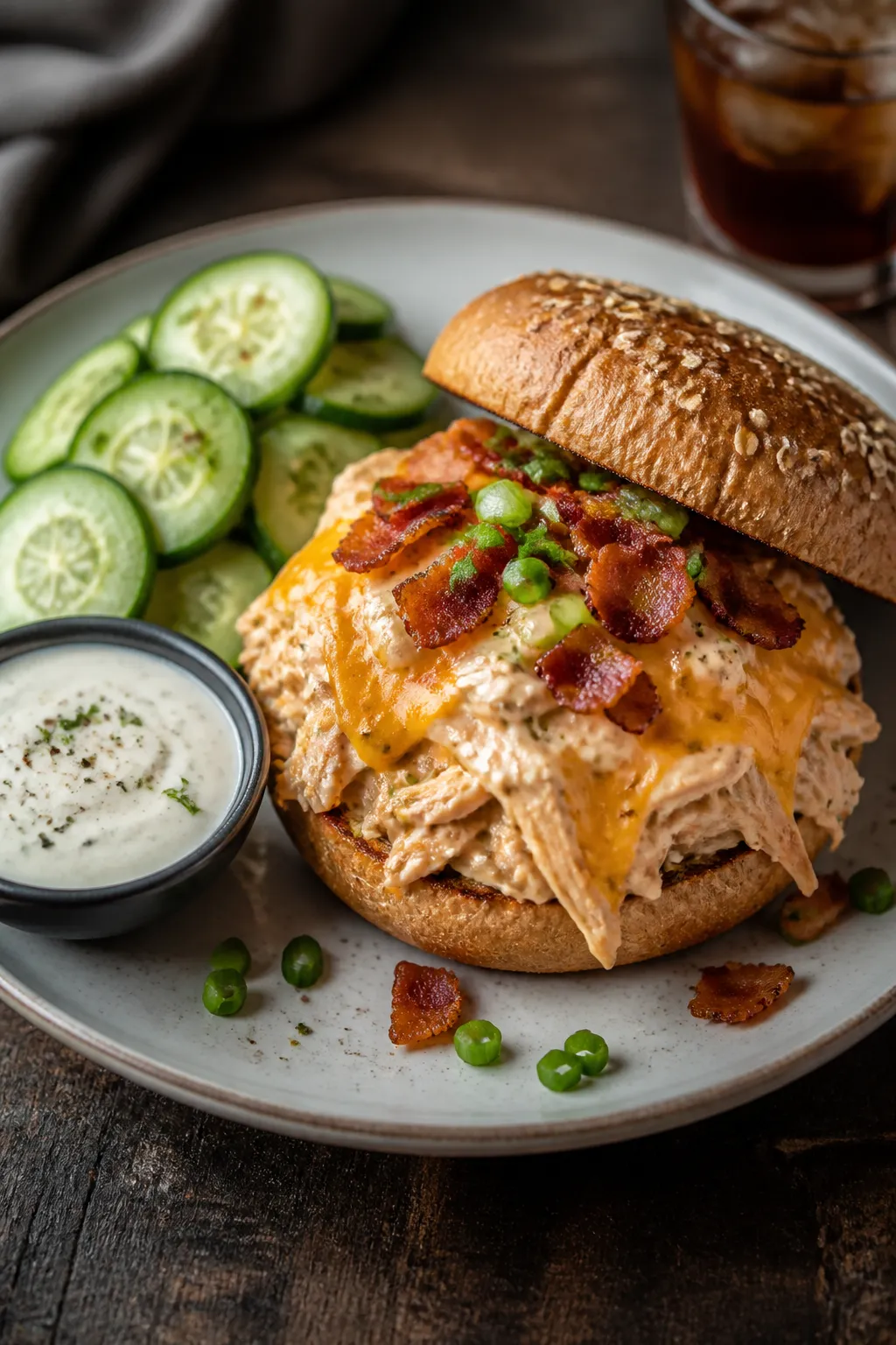 Final plated dish: Restaurant-quality sandwich presentation—slow cooker crack chicken piled onto a