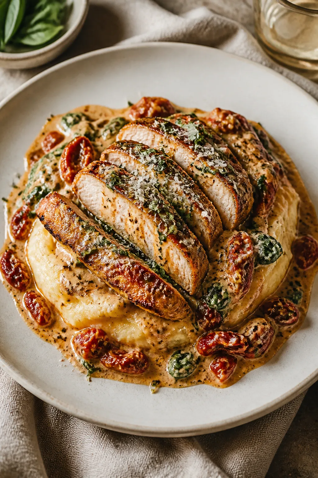 Final plated dish, restaurant-quality: Sliced Tuscan chicken over silky mashed potatoes, generously