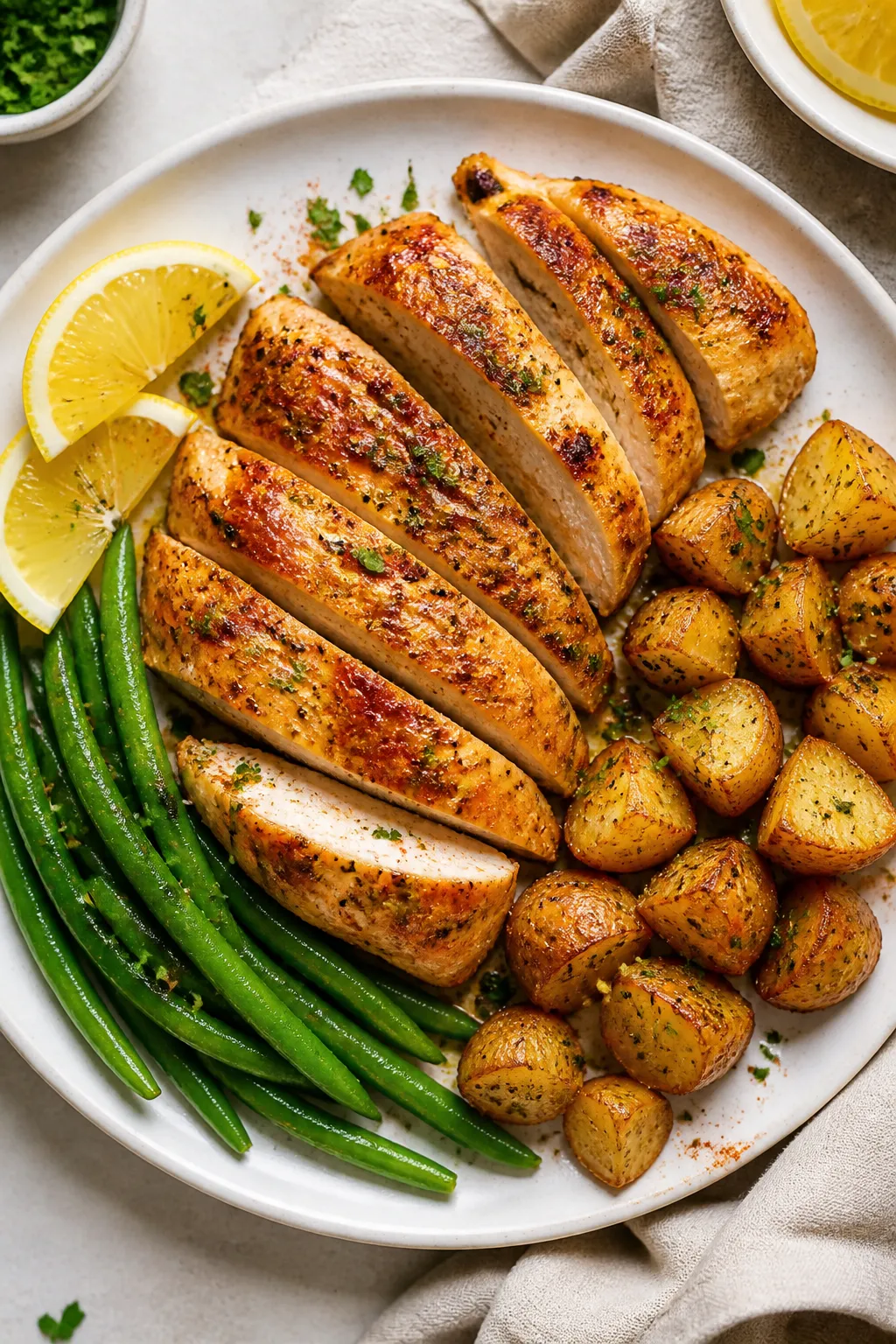Final plated dish, tasty top view: Overhead shot of garlic butter chicken breasts sliced and fanned