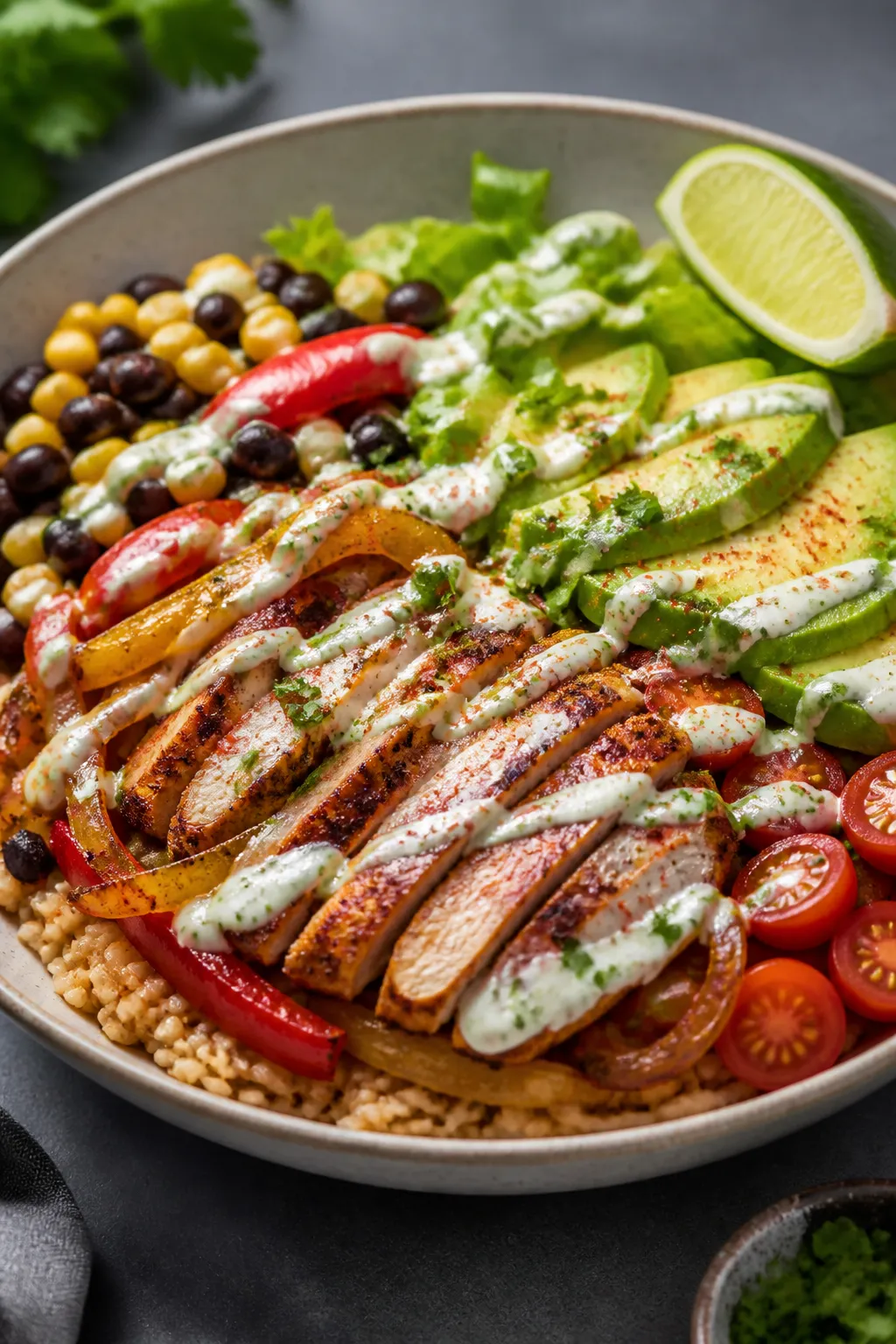 Final plated hero: Beautifully composed Healthy Chicken Burrito Bowl in a wide shallow bowl—base o