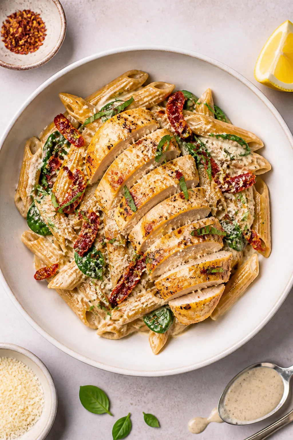 Final plated hero: Beautifully plated High Protein Tuscan Chicken—sliced juicy chicken breast fann