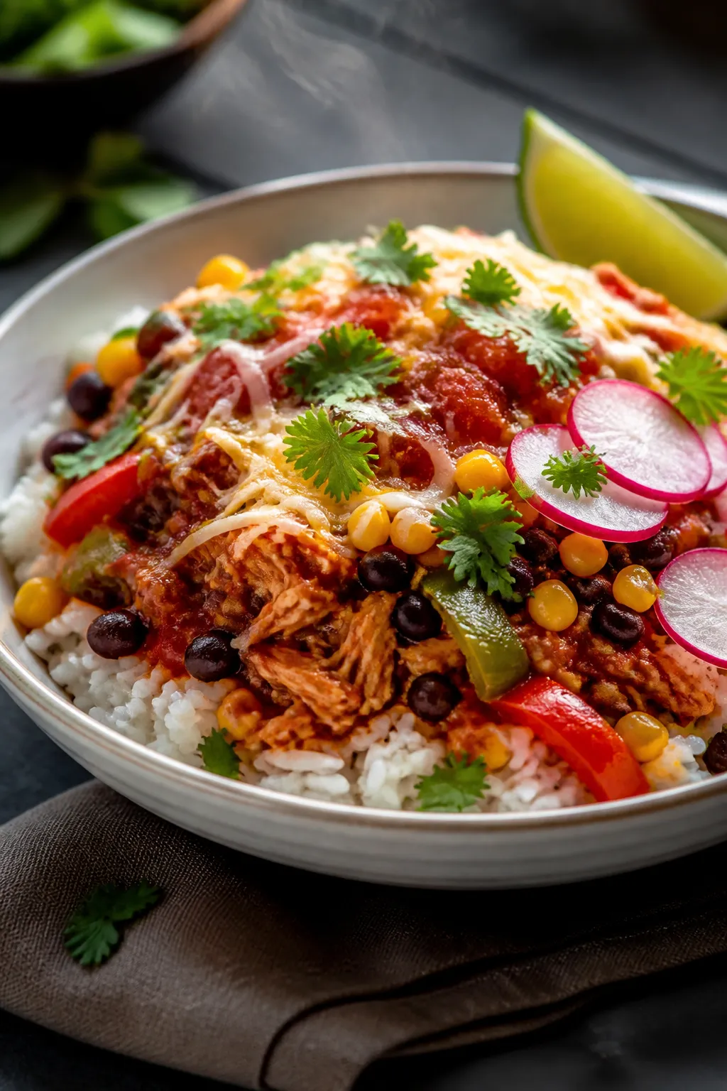 Final plated hero: Restaurant-quality plated Slow Cooker Turkey Burrito Bowl in a wide, shallow cera