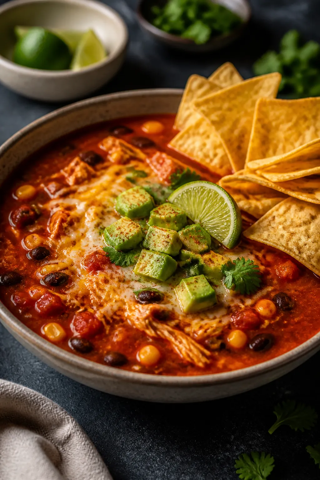 Final plated hero: Restaurant-quality presentation of Chicken Taco Soup in a wide, shallow ceramic b