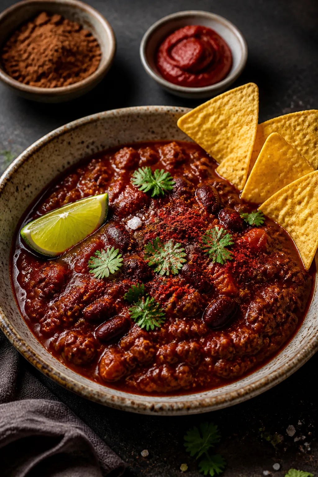 Final plated hero: Restaurant-quality presentation of slow cooker beef chili in a wide, shallow ston