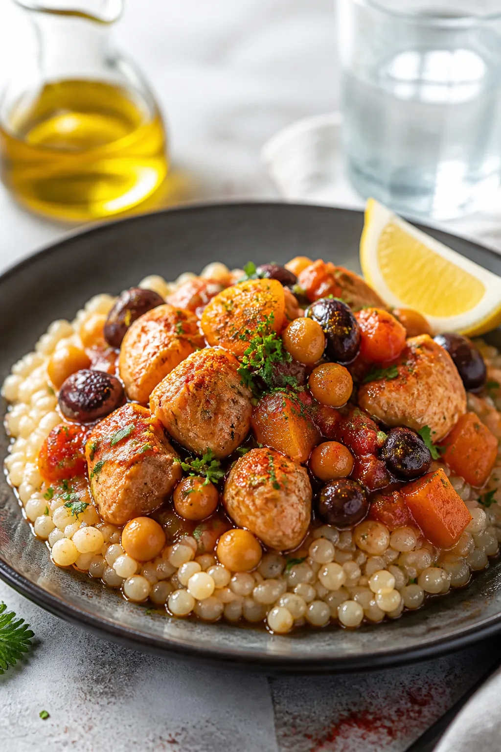 Final plated hero: Restaurant-quality presentation of Slow Cooker Mediterranean Turkey Stew over flu