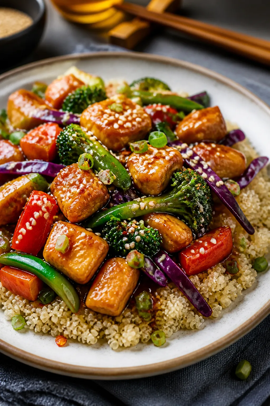 Final plated hero: Restaurant-quality presentation of the finished stir-fry spooned over quinoa on a