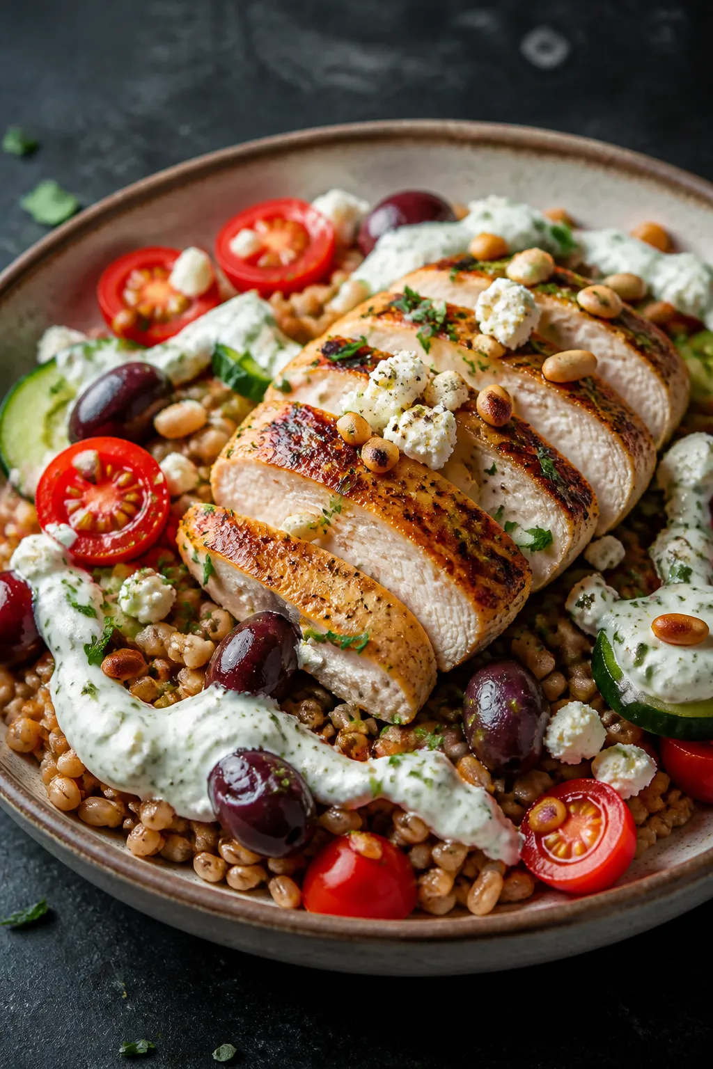Final plated hero shot, close-up: Restaurant-quality presentation of Greek Chicken Power Bowl with f